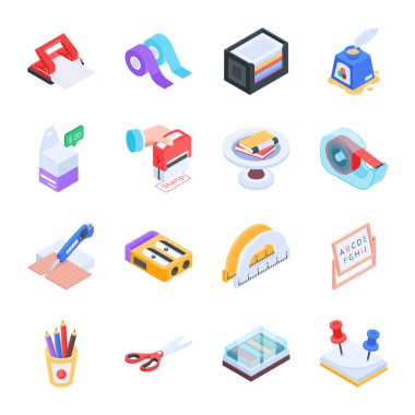 Okul Malzemeleri Paketi Isometric Simgeleri