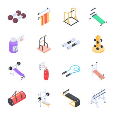 Egzersiz Araçları Moda Kümesi Isometric Simgeleri