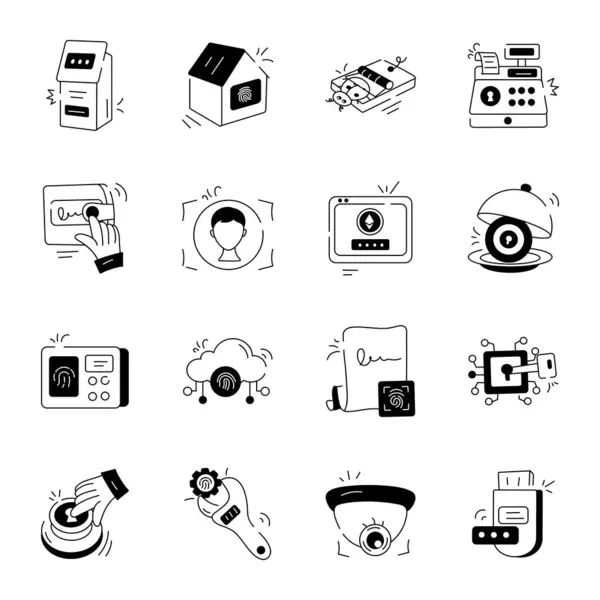Paquete Sistemas Seguridad Doodle Iconos — Archivo Imágenes Vectoriales
