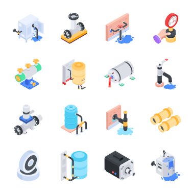 Tesisat Sorunları Isometric Simgeleri Seti