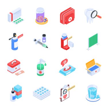 Tıbbi Ekipman Seti Isometric Simgeleri