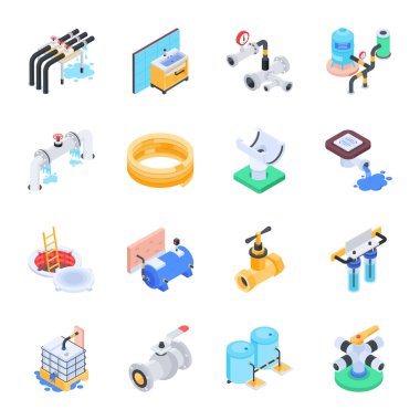 İzometrik sanayi simgeleri, vektör illüstrasyonu