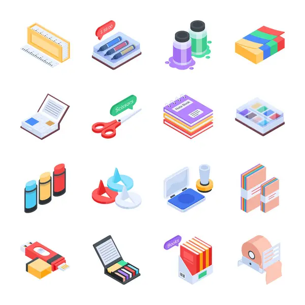 Pack Stationery Supplies Isometric Icons — Stock Vector