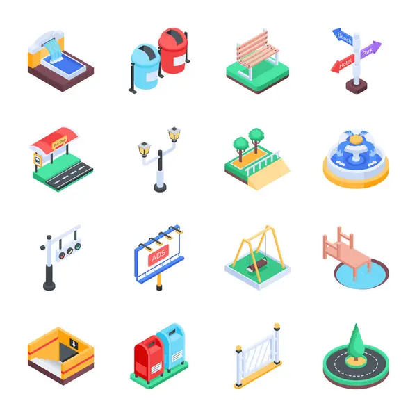 Pack Isometric City Elements Illustrations — Stock Vector