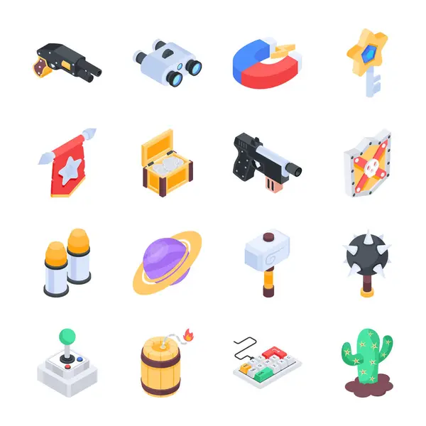 Collection Video Game Assets Isometric Icons — Stock Vector