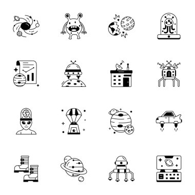 Taslak uzay vektör simgeleri. İzole edilmiş arkaplanda siyah ve beyaz simgeler.