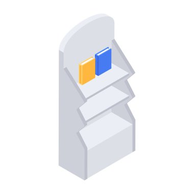 Kitap simgesi ve vektör illüstrasyonlu kitaplığın izometrik tasarımı