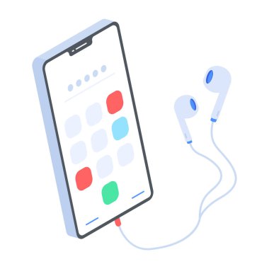 Kulaklıklı akıllı telefonun vektör çizimi, izometrik biçimli 