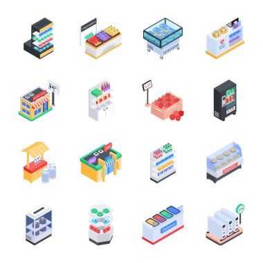 süpermarket simgesi seti, izometrik 3d biçimi