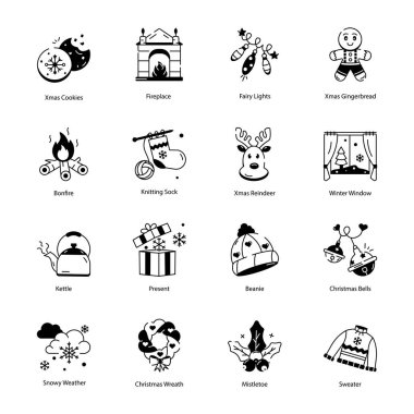 Bir dizi evrensel Noel ikonu. ince ana hatlı vektör çizimi