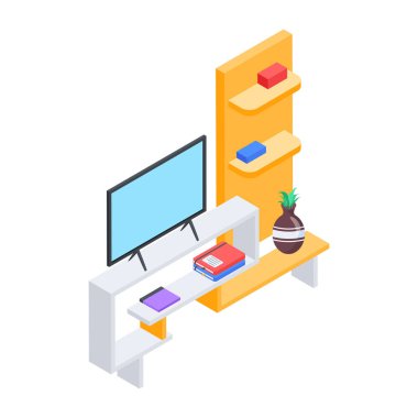TV tablosu ve raf izometrik tarzda, vektör illüstrasyonu basit tasarım