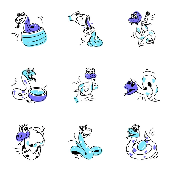 Dibujos Animados Conjunto Iconos Serpientes Ilustración Vectorial Sobre Fondo Blanco — Vector de stock