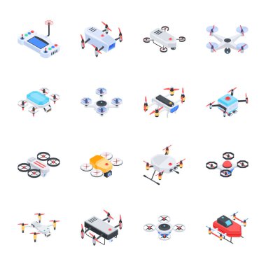 Dron simgeleri ayarlandı, beyaz arkaplanda vektör illüstrasyonu