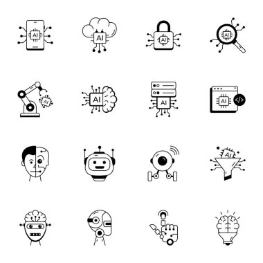 Yapay zeka simgeleri, beyaz arkaplanda vektör illüstrasyonu
