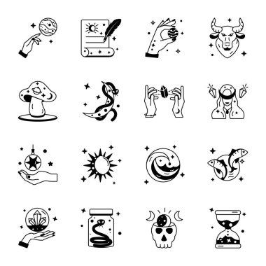 Sihirli ikonlar hazır. Beyaz arkaplanda izole edilmiş ağ için basit biçim vektör simgeleri