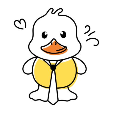 Beyaz arkaplanda izole edilmiş kravatlı bir ördeğin şirin karalama simgesi