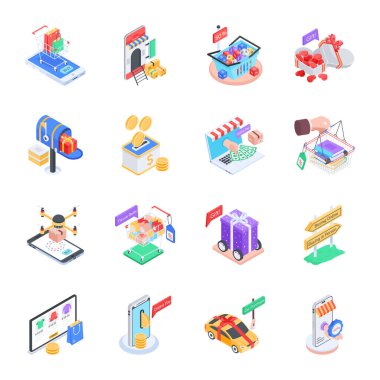 bir dizi alışveriş ve ekommerce simgesi