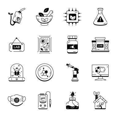 Kimya laboratuvarı ve çeşitli deneyleri gösteren diyagramsal simgeler