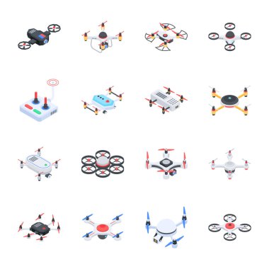 Drone simgeleri vektör illüstrasyon arkaplanı kümesi 