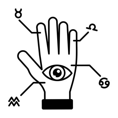 Göz simgesi olan el, beyaz arkaplanda vektör illüstrasyonu