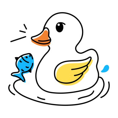 Beyaz arka planda izole edilmiş balıkla su birikintisindeki ördeğin şirin karalama simgesi.