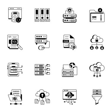 Bulut hesaplaması, bulut hizmetleri, sunucu, siber güvenlik, dijital dönüşüm ile ilgili satır simgeleri 
