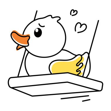 Beyaz arka planda izole edilmiş salıncaktaki bir ördeğin şirin karalama simgesi