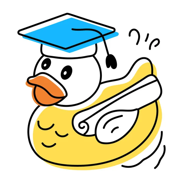 Cute Doodle Icon Duck Diploma Graduate Hat Isolated White Background — Stock Vector