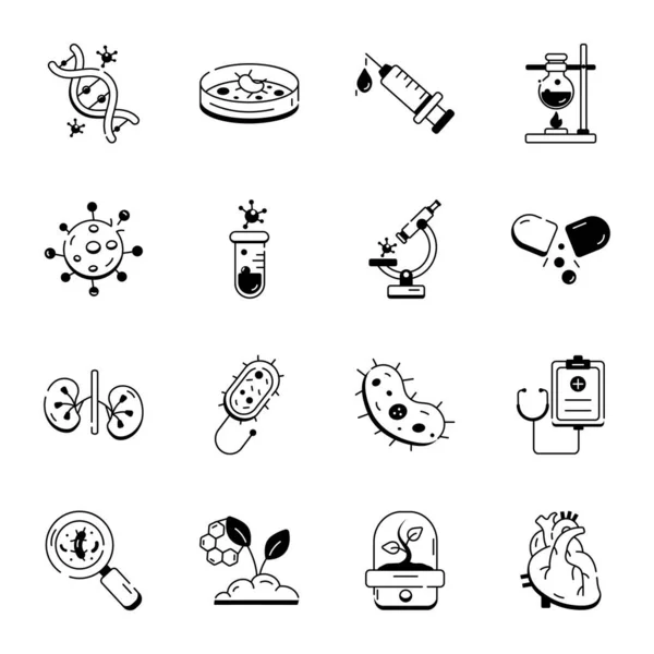 Chemistry Lab Diagrammatic Icons Showing Assorted Experiments — Stock Vector