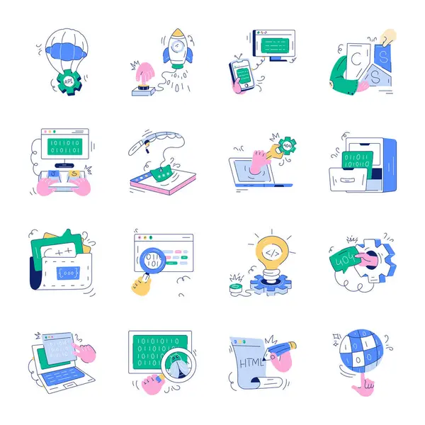 Collection Source Code Doodle Mini Illustrations — Stock Vector