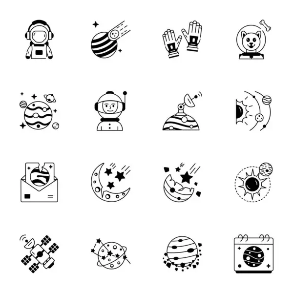 Outline Space Vector Icons Black White Icons Isolated Background — Stock Vector