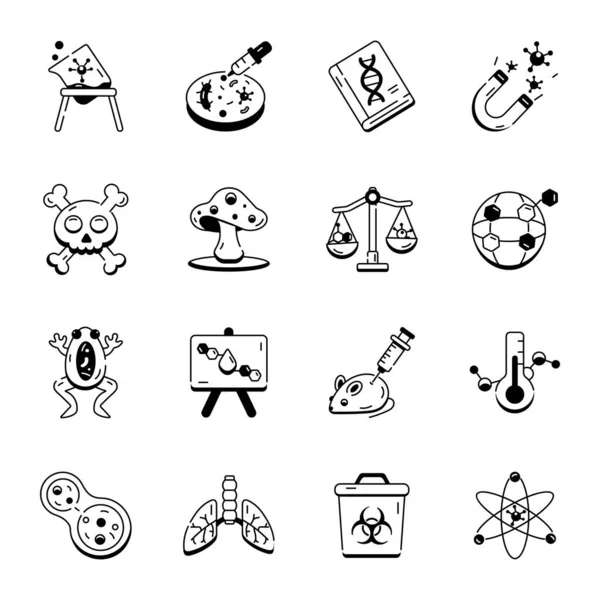 Chemistry Lab Diagrammatic Icons Showing Assorted Experiments — Stock Vector