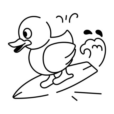 Çizgi film ördeğinin sörf tahtasındaki vektör çizimi