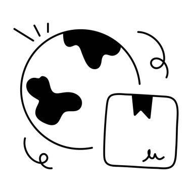 Gezegen ve paket simgesinin karalama tarzında vektör çizimi. dünya dağıtımı kavramı