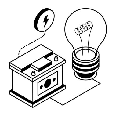 Düz izometrik illüstrasyonla pille çalışan elektrik.