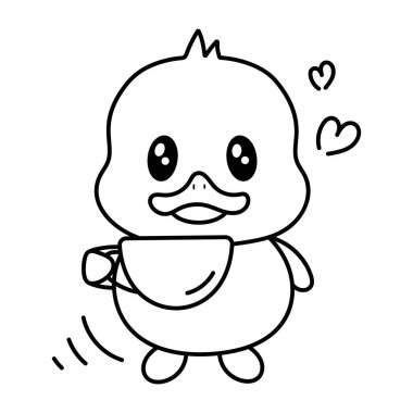 Beyaz arka planda fincanı olan küçük şirin çizgi film ördeği