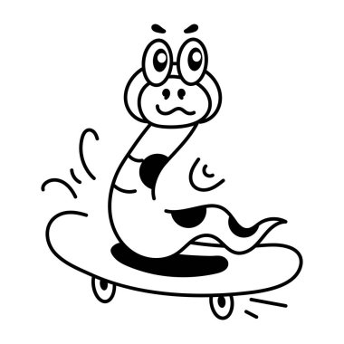 Kaykayda sevimli çizgi film yılanı, vektör çizimi