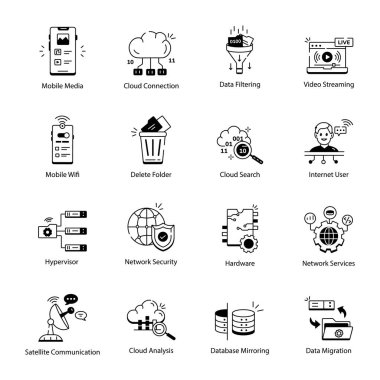 Veri alışverişi, trafik, dosyalar, bulut, sunucu ile ilgili simgeler. Taslak simge koleksiyonu