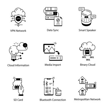 Veri alışverişi, trafik, dosyalar, bulut, sunucu ile ilgili simgeler. Taslak simge koleksiyonu