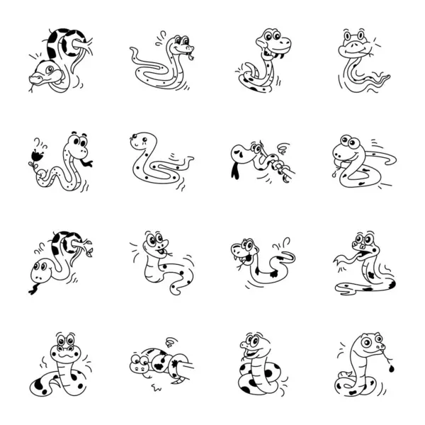 Cartoon Snakes Icon Set Black White Illustration — Stock Vector