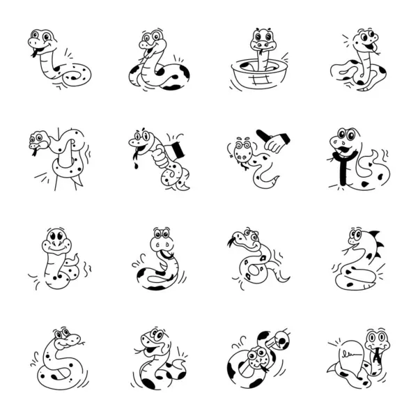 Zeichentrickschlangen Icon Set Schwarz Weiß Illustration — Stockvektor