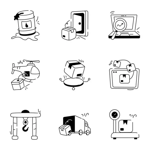 Conjunto Cadena Suministro Envío Doodle Iconos — Archivo Imágenes Vectoriales
