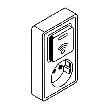 Kablosuz yönlendirici ve elektrik çıkış simgesi beyaz arkaplanda izole edilmiş. İnternet ve teknoloji sembolü vektör illüstrasyonu.