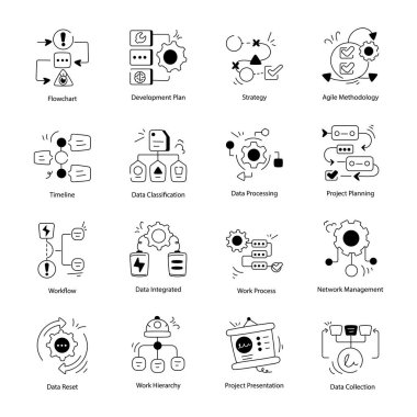 Düz tasarım, vektör illüstrasyonunda iş akışı simgeleri kümesi