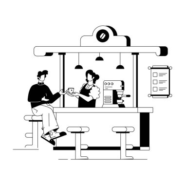 Kafedeki müşteriye kahve servisi yapan barista, vektör illüstrasyonu 
