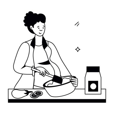 Kadın mutfakta yemek pişiriyor, vektör çizimi.