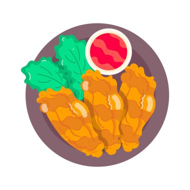 Lezzetli kızarmış tavuk, ketçap ve beyaz arka planda yapraklar.