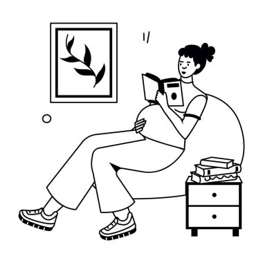 Evde kitap okuyan hamile bir kadın, vektör çizimi. 