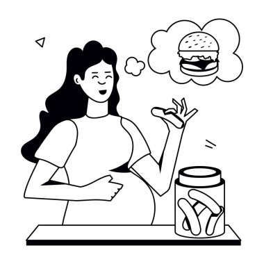 Genç hamile kadın hamburgeri düşlüyor. 