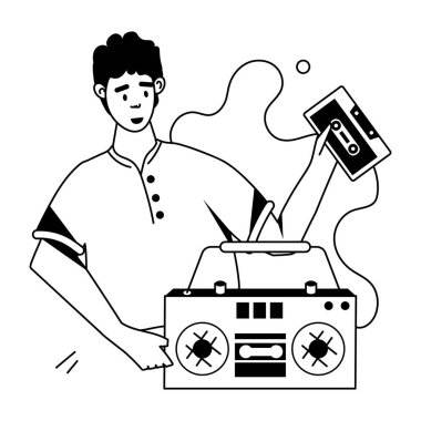 Kaset ve kaset oynatıcı vektörü olan genç adam.